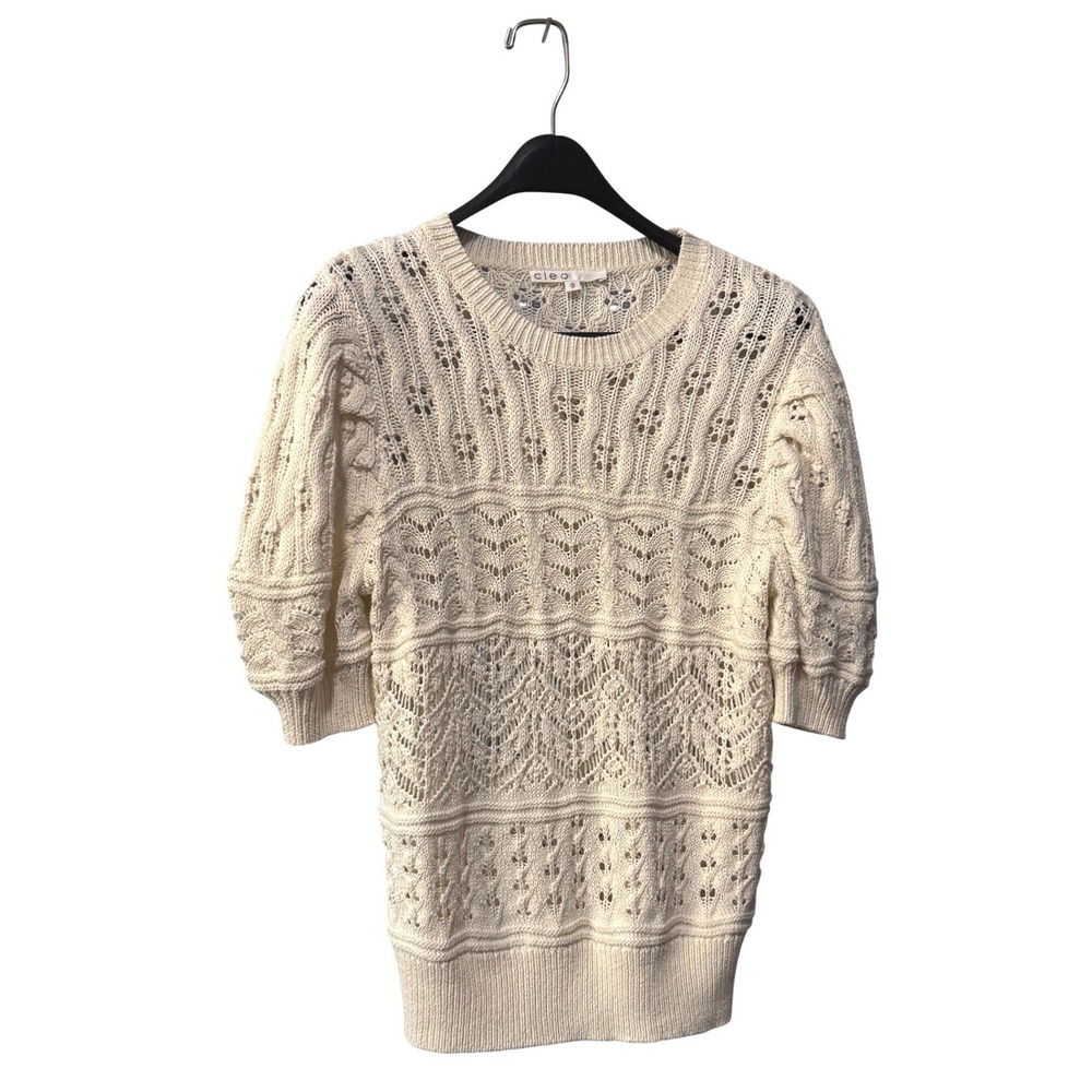 Cleo Cream Pointelle Knit Puff Sleeve Sweater Crew‎ Neck Ivory XS